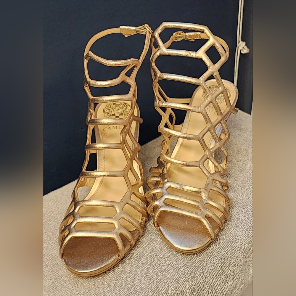 Gold strappy heels.  NWOT Brand: Vince Camuto, Size 7.5, 3 inch heel